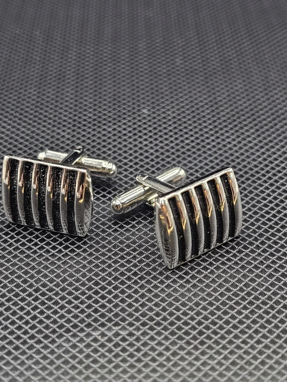 Men's Black and Silver Rectangular Cufflinks with Ribbed Design